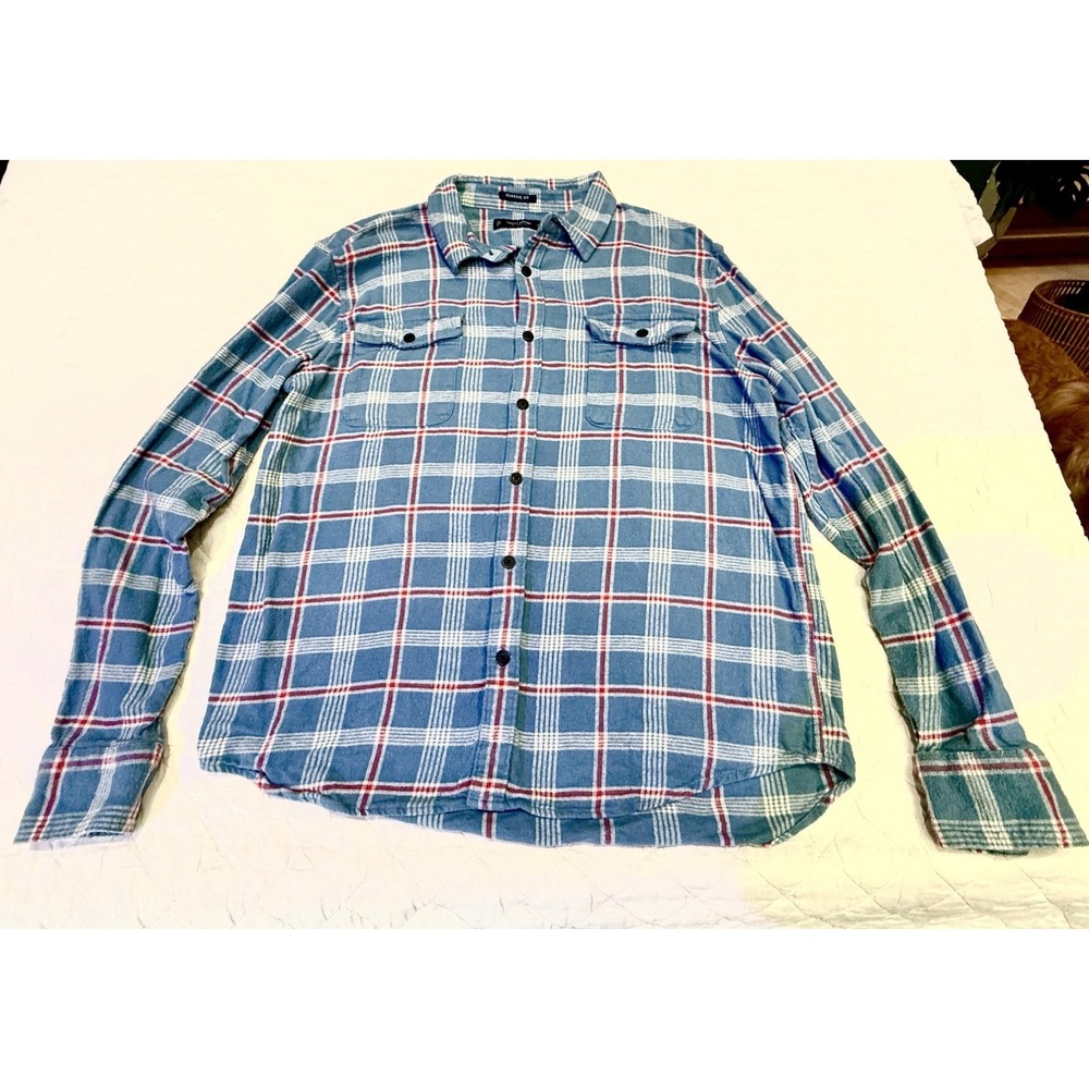 Lucky Brand Mens Flannel Shirt L Blue Red Plaid Classic Fit 100% Cotton